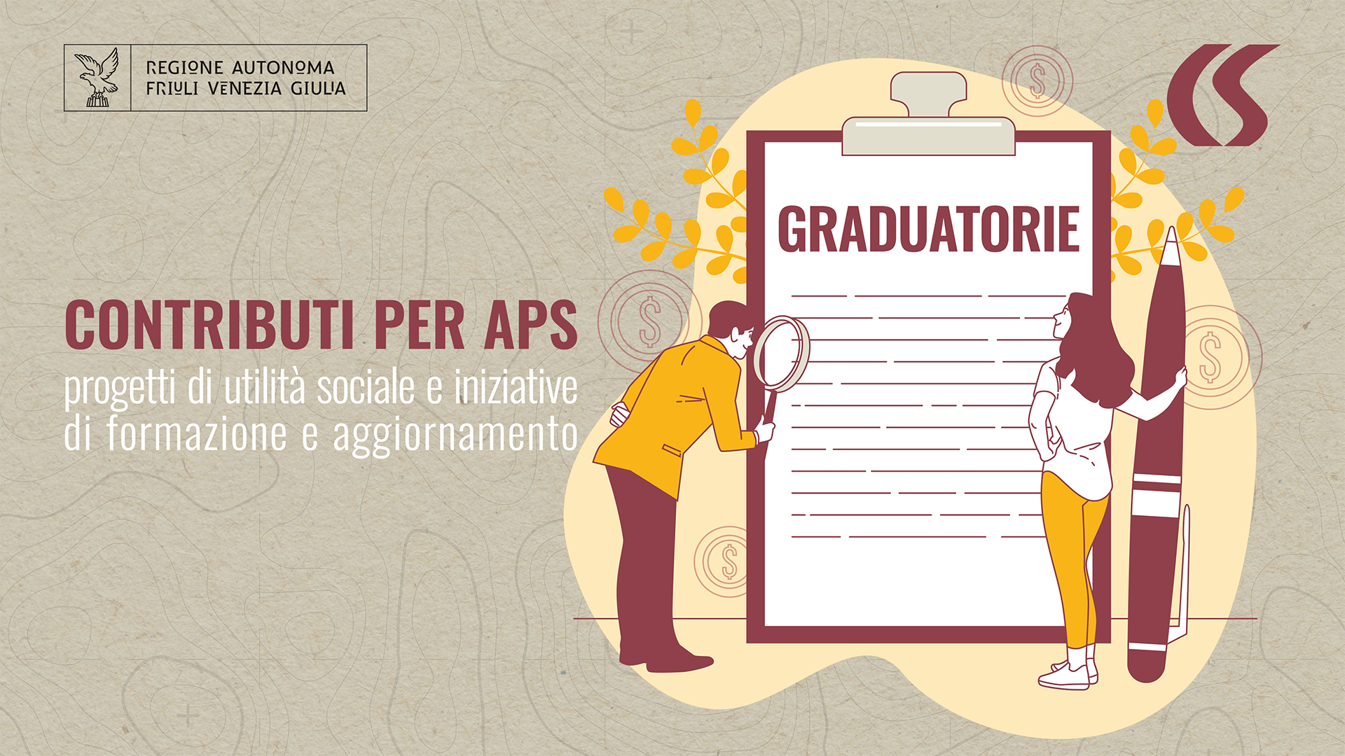progetti_utilita_sociale_graduatorie_csv-fvg_169 Grafica di anteprima dell'articolo dedicato alle graduatorie dei contributi per progetti di utilità sociale e di formazione APS 2025. Sulla sinistra il titolo "Contributi per APS: progetti di utilità sociale e iniziative di formazione e aggiornamento", sulla destra due personaggi stilizzati esaminano una lista dal titolo "Graduatorie".