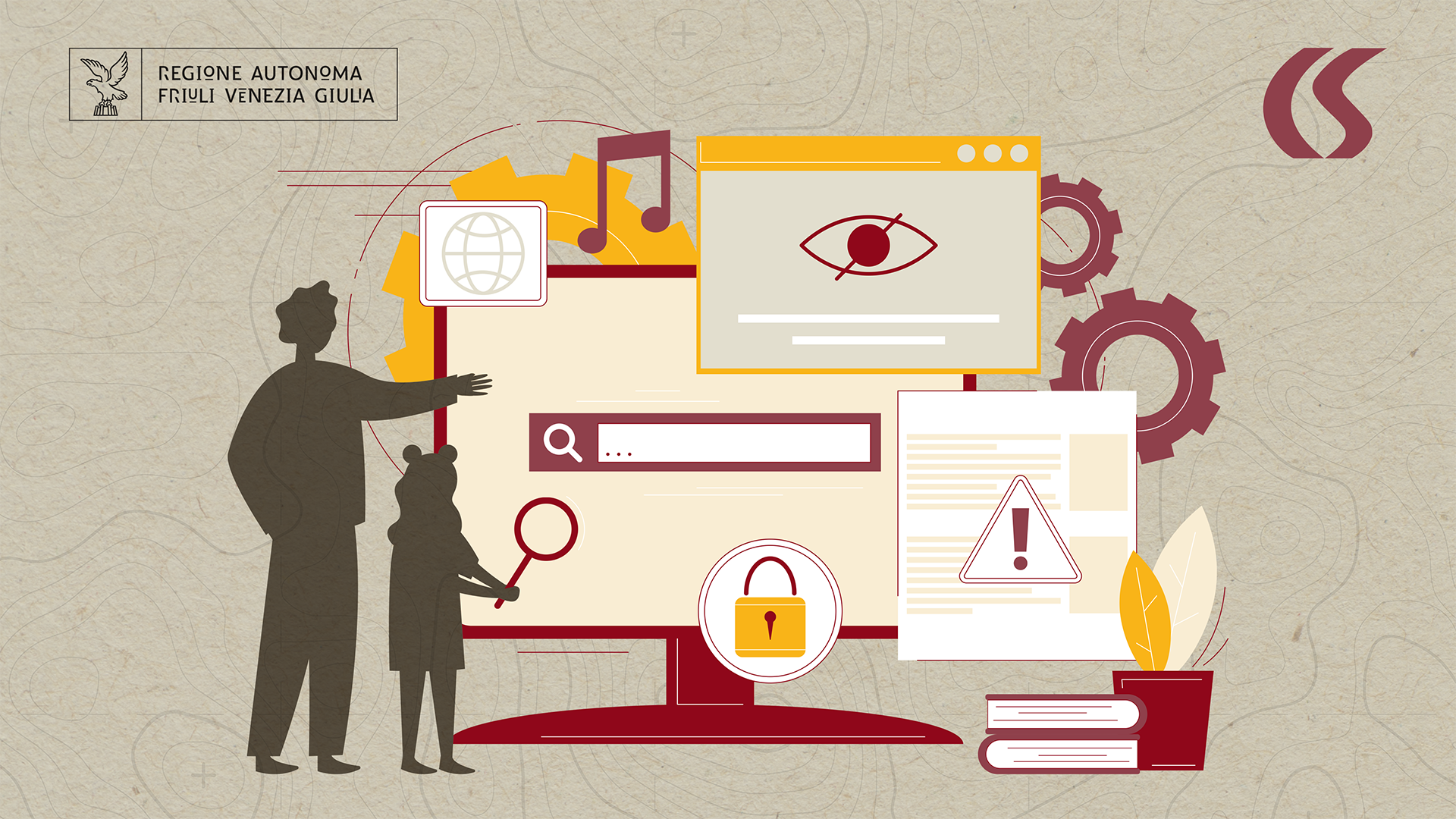 saluti_schermi_csv-fvg_169 Illustrazione stilizzata su sfondo beige con texture, raffigurante un adulto e una bambina davanti a un grande schermo di computer che mostra vari simboli legati alla sicurezza digitale: un lucchetto, una lente di ingrandimento, un’icona di avviso con punto esclamativo, un’icona di occhio in una finestra di browser e simboli di ingranaggi e note musicali. In alto a sinistra è presente il logo della Regione Autonoma Friuli Venezia Giulia e del CSV FVG. L’immagine trasmette un messaggio di educazione alla sicurezza online e all’uso consapevole di internet.